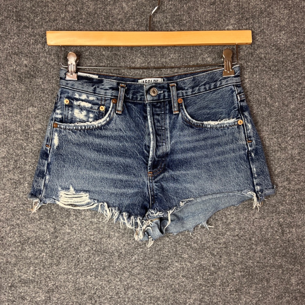 Agolde Medium Blue Distressed Frayed Hem Denim Cutoff Shorts
